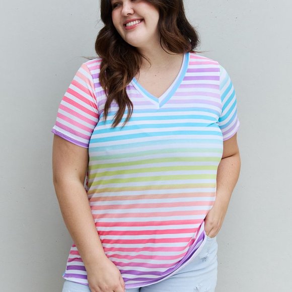 Heimish Out And Proud Full Size Multicolored Striped V-Neck Short Sleeve Top - Picture 10 of 10